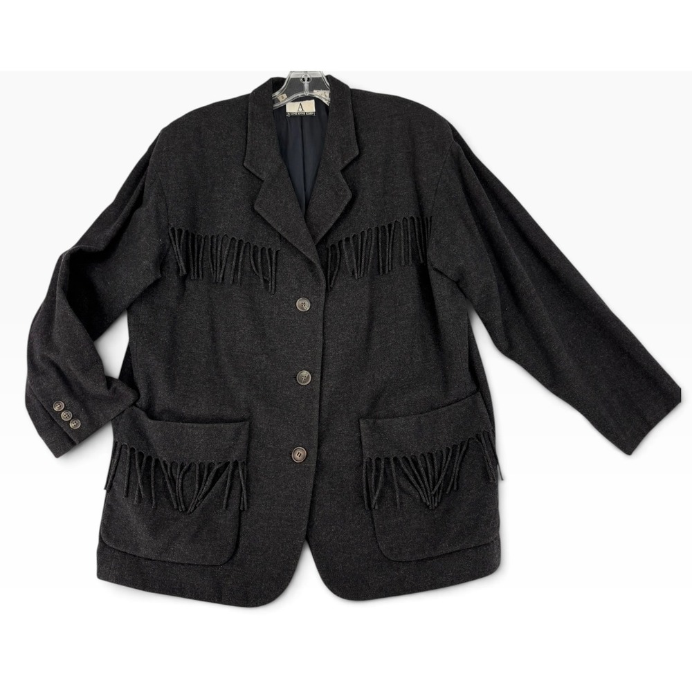 Vintage Western Wool Cashmere Blend Jacket Fringe Cowgirl Size 8 Anne Klein Gray
